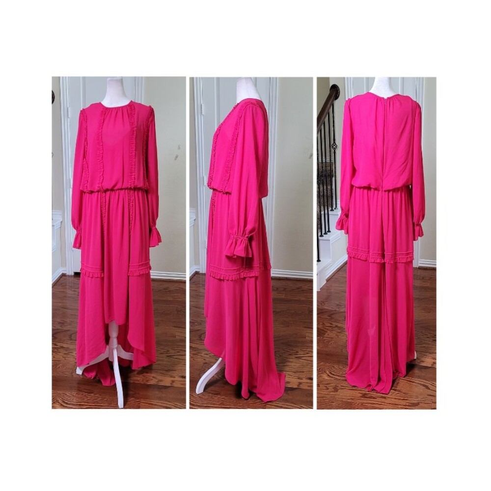 Mikael Aghal Pink Maxi Dress Women 10 Ruffle Wedding Guest Romantic Garden Party